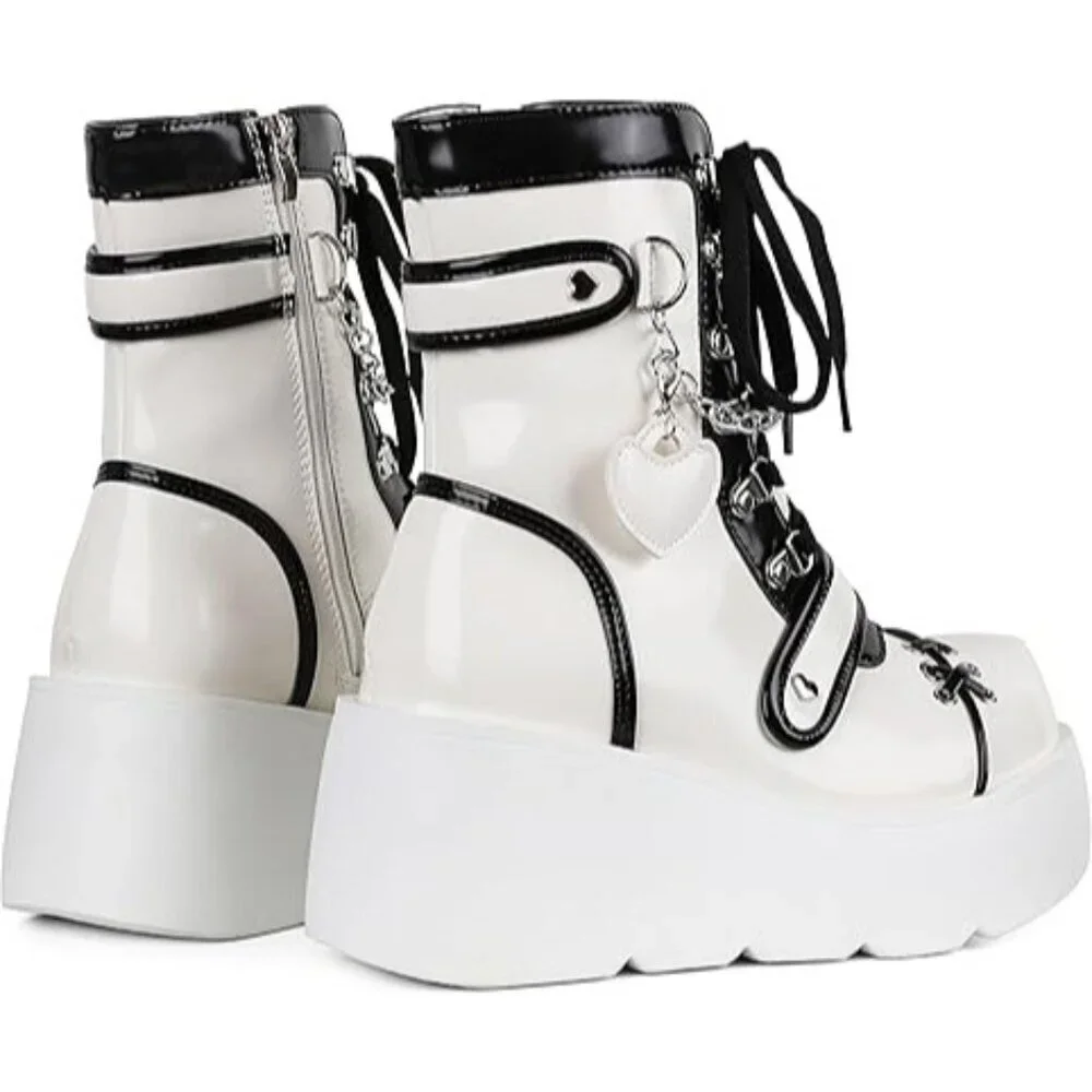 Meefit White Punk Grunge Goth Platform Lace Up & Side Zip Ankle Boots Booties 38